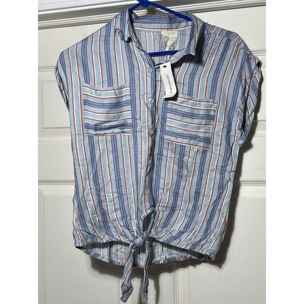 Harper Heritage Striped Button‑Up Tie‑Front Collared Top – Size XS – NWT